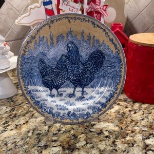 American Atelier Blue and Yellow Rooster Toile Porcelain Plate.